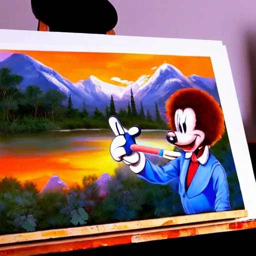 Image similar to a closeup photorealistic photograph of bob ross working on a canvas painting of mickey mouse. film still. brightly lit scene. mountains and trees. this 4 k hd image is trending on artstation, featured on behance, well - rendered, extra crisp, features intricate detail, epic composition and the style of unreal engine.