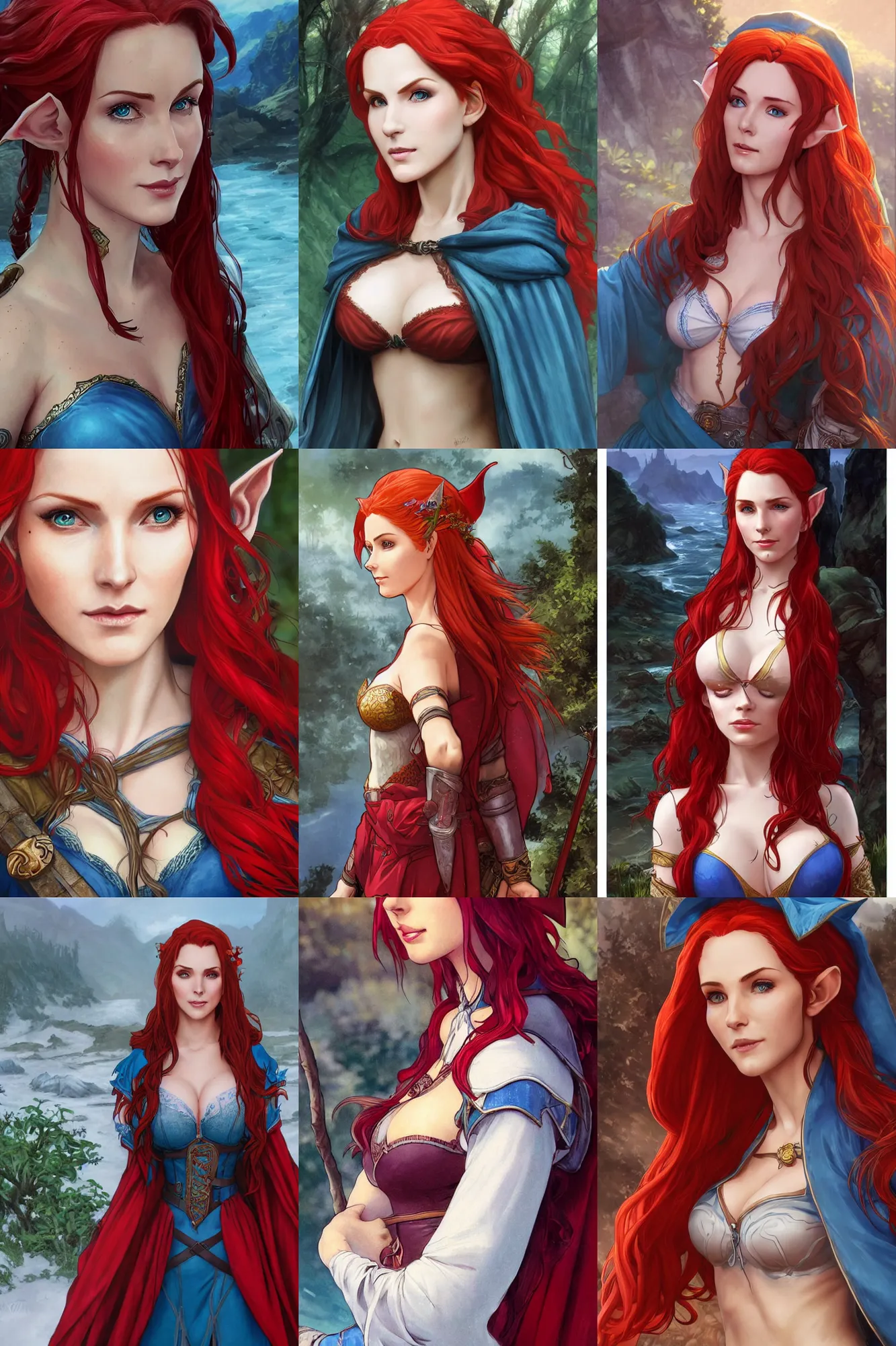 Prompt: alluring highly detailed closeup matte painting portrait of beautiful elf ( triss from witcher 3 ) flowing red hair wearing chesty adventurer's outfit and a large blue cloak with the hood off, very detailed, realistic, manga, in the style of artgerm and greg rutkowski and alphonse mucha