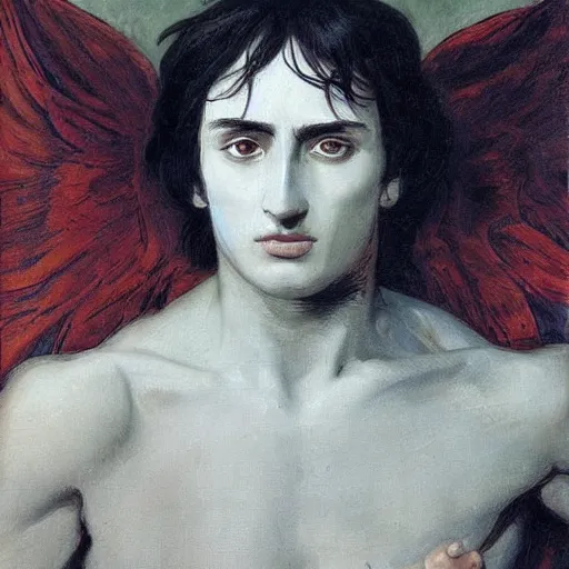 Image similar to a portrait of EREN YEAGER in the style of The Fallen Angel (1847) painting by Alexandre Cabanel