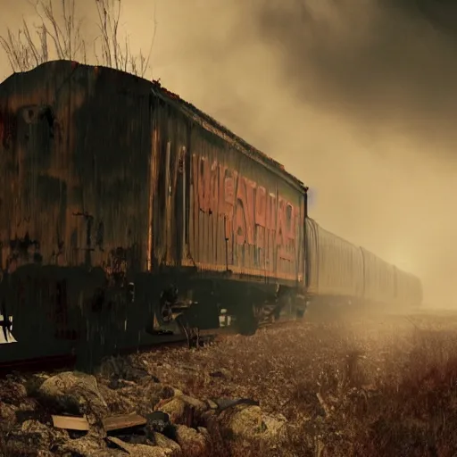 Image similar to trainwreck, boxcar destruction, atmospheric and depressed, post-apocalyptic, Cinematic, film still from a horror movie