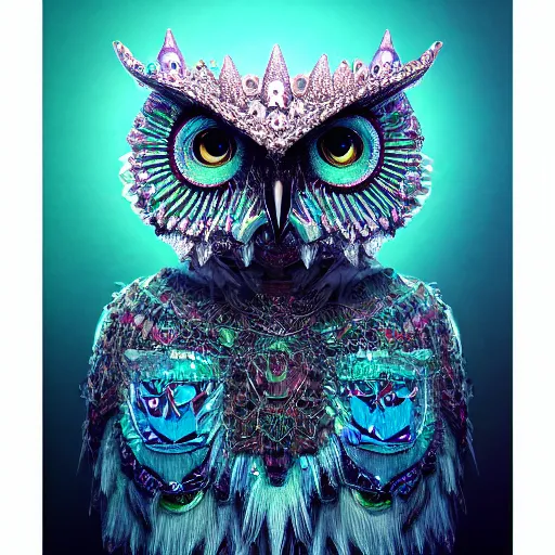 Image similar to detailed portrait of a alien magical owl, wearing a diamond crown, glowing feathers, halfway through, hyper detailed, stylistic, symmetrical, ethereal bohemian, detailed render, hdr, octane render