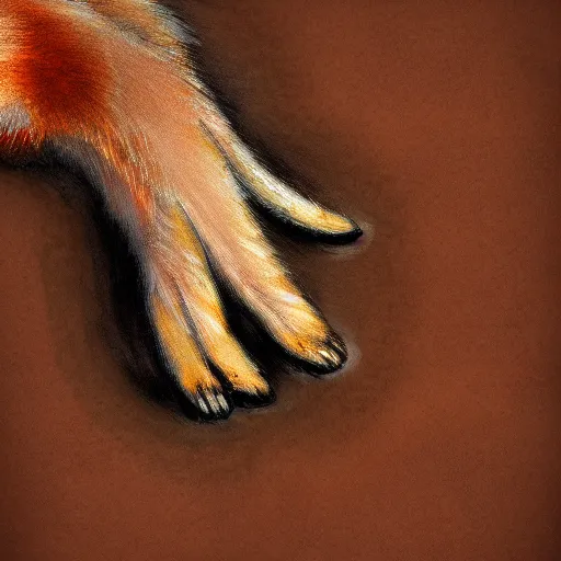 Image similar to underside of a fox paw, fluffy, paw pads, pawprints, anatomically correct vulpine, 4 k, digital art