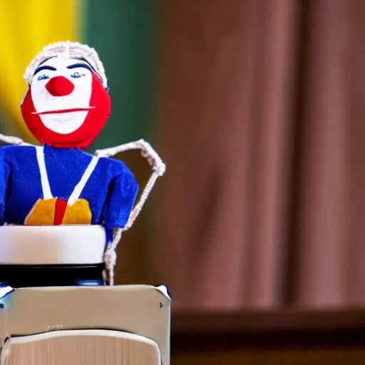 Image similar to puppet show of a string marionette of a president with clown face in a podium