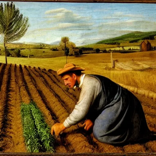 Prompt: Farmer tilling his field by Fra Bartolomeo,