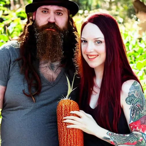 Prompt: photo of an attractive couple. The woman has long straight red hair. The man has a dark thick beard and tattoos. They are holding a giant corn. The corn has the face of a baby human.