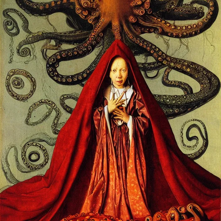 Image similar to a closeup portrait of a cloaked woman floating next to an octopus nebula, octopus nebula, by jan van eyck