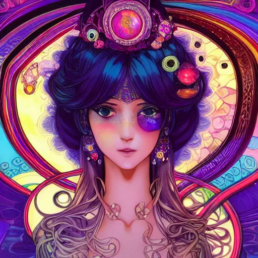 Image similar to psychedelic, intricate, highly detailed, anime, 4k, beautiful seductive woman holding a crystal containing the universe, with professional makeup, long trippy hair, surrounded by gems, underneath the stars, trending on patreon, deviantart, twitter, artstation, volumetric lighting, heavy contrast, by artgerm and Ilya Kuvshinov and alphonse mucha