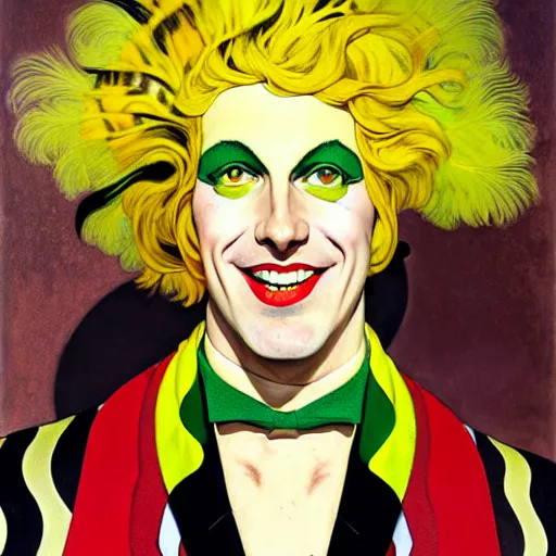 Prompt: art by joshua middleton, the yellow creeper, a tall manically smiling yellow - skinned man with green and black striped cycling shorts and wearing a long red and black striped ostrich feather boa, yellow makeup, mucha, kandinsky, poster, art deco motifs, comic art, stylised modern design, scarlet feather boa