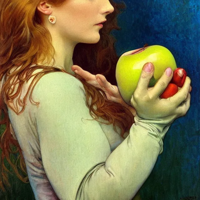 Image similar to an aesthetic! detailed close - up portrait of an aesthetic woman crying mournfully while holding an apple in a gloved hand, by frank frazetta and alphonse mucha, oil on canvas, bright colors, art nouveau, epic composition, dungeons and dragons fantasy art, hd, god - rays, ray - tracing, crisp contour - lines, huhd - 8 k