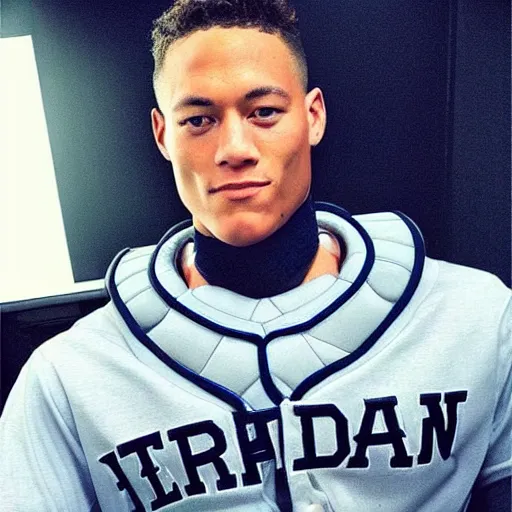 Image similar to “a realistic detailed photo of a guy who is an attractive humanoid who is half robot and half humanoid, who is a male android, baseball player Aaron Judge, shiny skin, posing like a statue, blank stare”