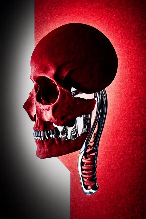 Image similar to a human opening head showing part of the skull, made with chrome, layed on a red velvet fabric, made by hedi xandt, macabre art, dark surrealism, epic and cinematic view, volummetric light, texturized, detailed, 8 k