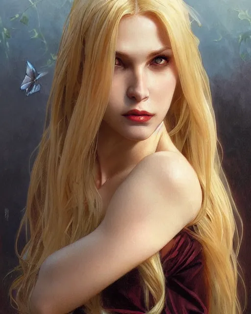 Prompt: portrait of a beautiful young blonde vampire, dark, piercing eyes, gentle expression, elegant clothing, photorealistic, highly detailed, artstation, smooth, sharp focus, art by michael whelan, artgerm, greg rutkowski and alphonse mucha