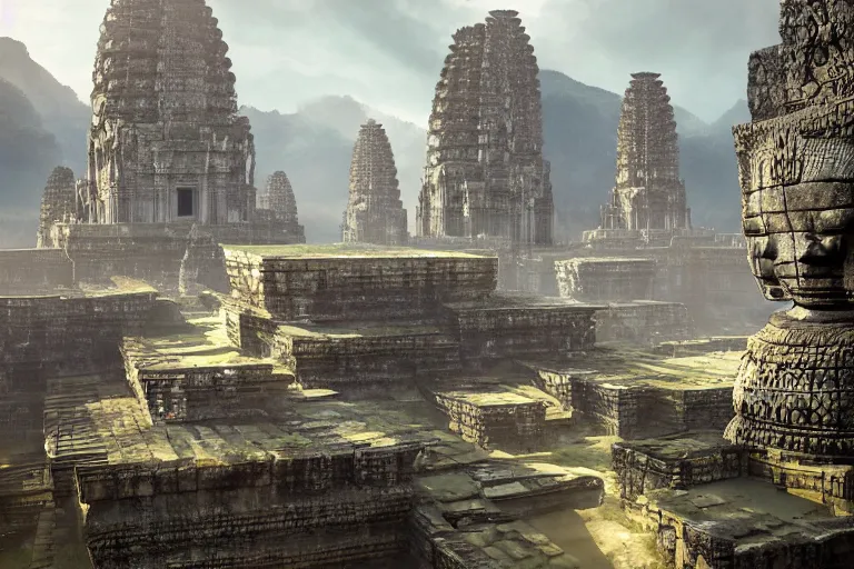 Image similar to brutalist futuristic angkor - styled structures in a primordial valley by jessica rossier