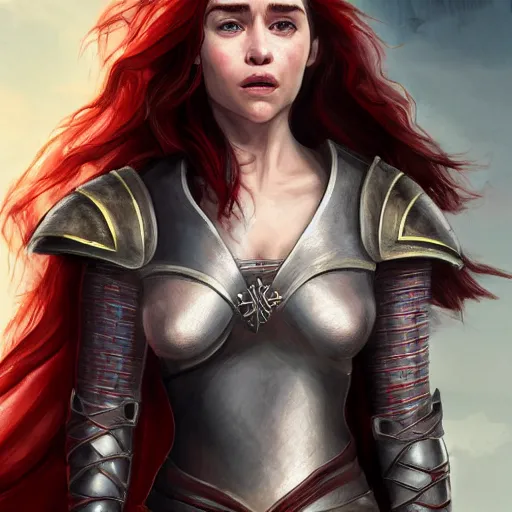Prompt: emilia clarke, as a medieval fantasy character, with dark reddish hair, wearing light, silver armor and red clothing, tan complexion, holding a longsword, smiling, noble, cinematic, gloomy background, realistic, digital art, character art, 8 k