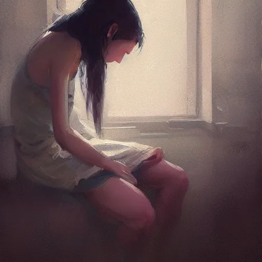 Image similar to “a girl crying in the corner by Greg Rutkowski, realism, depression, trending on artstation”