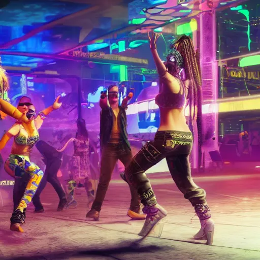 Image similar to Dancing hippies Cyberpunk 2077. CP2077. 3840 x 2160