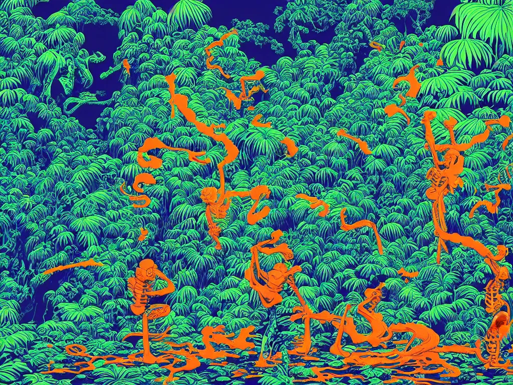 Prompt: the perfect jungle monster and squirting fluorescent liquid in the amazon, flat design, screen print by jeffrey smith and Yves Klein, in the foreground is a floating skeleton by Kawase Hasui