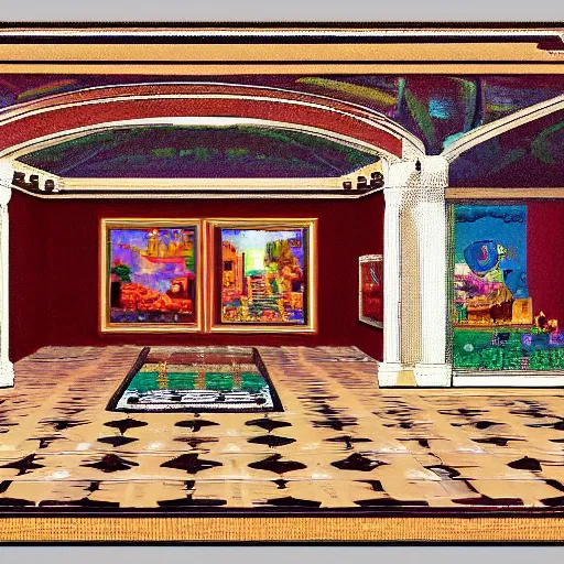 Image similar to this was the first virtual art museum in a video game, made in 1 9 9 0, detailed