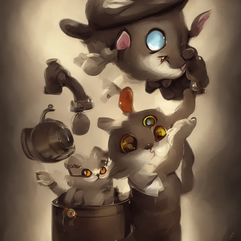 Image similar to cute little anthropomorphic cat barista wearing a black suit, tiny, small, miniature cat, baby animal, short, cute and adorable, pretty, beautiful, ghibli character art portrait, matte fantasy painting, deviantart artstation, by by jason felix by steve argyle by tyler jacobson by peter mohrbacher, cinematic lighting