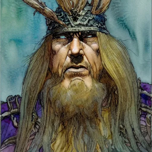 Image similar to a realistic and atmospheric watercolour fantasy character concept art portrait of urho kekkonen kekkonen kekkonen kekkonen kekkonen kekkonen as a druidic warrior wizard looking at the camera with an intelligent gaze by rebecca guay, michael kaluta, charles vess and jean moebius giraud