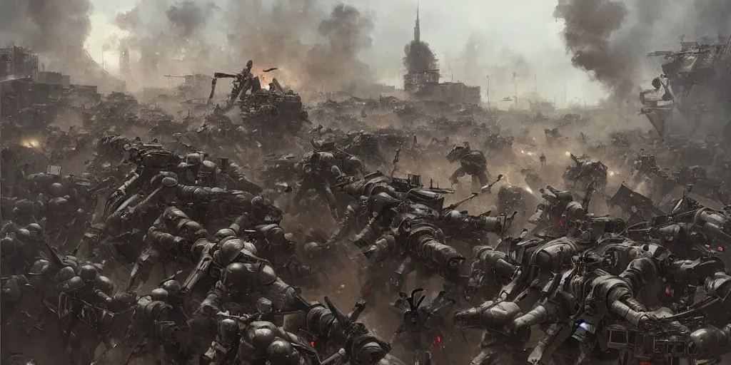 Prompt: french army and civilians are getting slaughtered by samurai robots in the interbellum paris, detailed painting, intense heavy street battle, bullet hell, pile of bodies, artillery bombings, blood on the streets, art by greg rutkowski and jakub rozalski