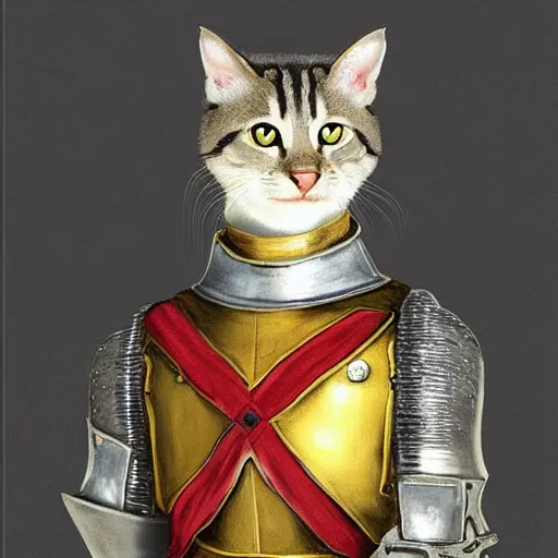 Image similar to a soldier knight cat, realistic