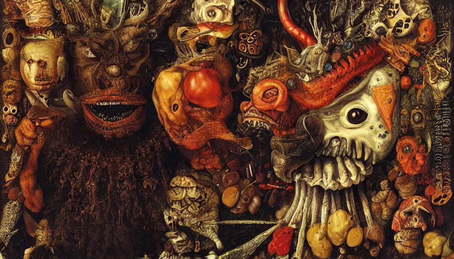 Prompt: moloch by giuseppe arcimboldo, oil painting, classical painting, digital art, vivid colors, sharp focus, restored