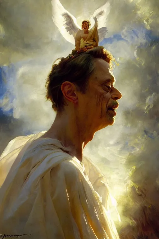 Image similar to beautiful detailed expressive impressionistic oil painting portrait of ancient roman god emperor steve buscemi levitating in angelic pose wearing the civic crown, art by anders zorn, wonderful masterpiece by greg rutkowski, expressive brush strokes, beautiful cinematic light, american romanticism by greg manchess, jessica rossier