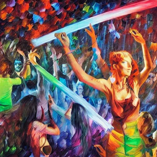 Prompt: rave dance party in the dark with glow sticks by arthur adams, charlie bowater, leonid afremov, chiho ashima, karol bak, david bates, tom chambers