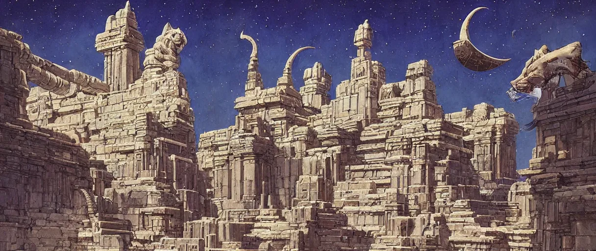 Prompt: A beautiful temple in honor of ancient Feline warriors by Robert McCall and Ralph McQuarrie | sparth:.2 | Time white:.2 | Graphic Novel, Visual Novel, Colored Pencil, Comic Book:.3 | unreal engine:.5 | establishing shot