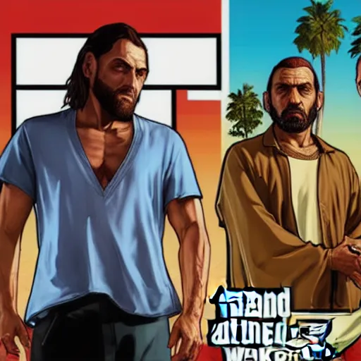 Image similar to Jesus and Mohammed in GTA V, Cover art by Stephen Bliss, Boxart, loading screen