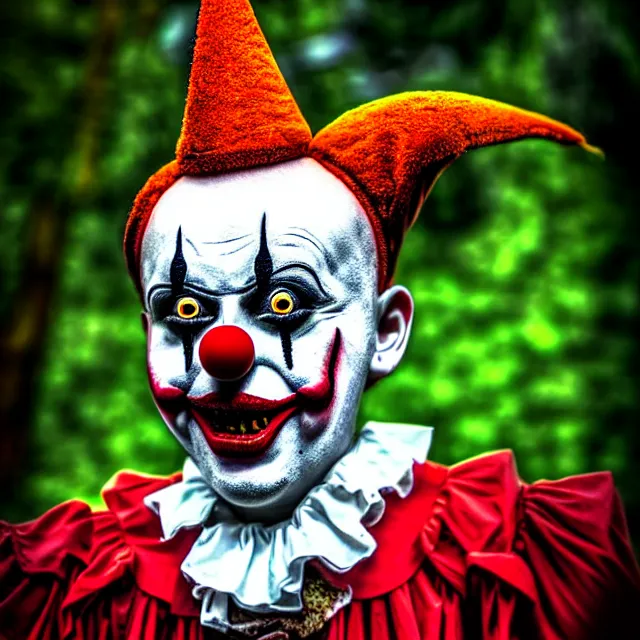 Image similar to creepy clown in your garden, highly detailed, 8 k, hdr, smooth, sharp focus, high resolution, award - winning photo