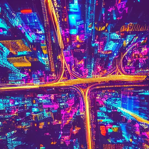 Image similar to an aerial view of a city at night, a microscopic photo by lisa frank, instagram contest winner, maximalism, glowing lights, vivid colors, circuitry