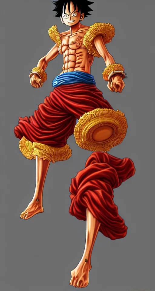 Prompt: full body luffy, intricate, elegant, highly detailed, my rendition, digital painting, global illumination, radiant light, concept art, illustration, art by inhyuk lee, trending on artstation