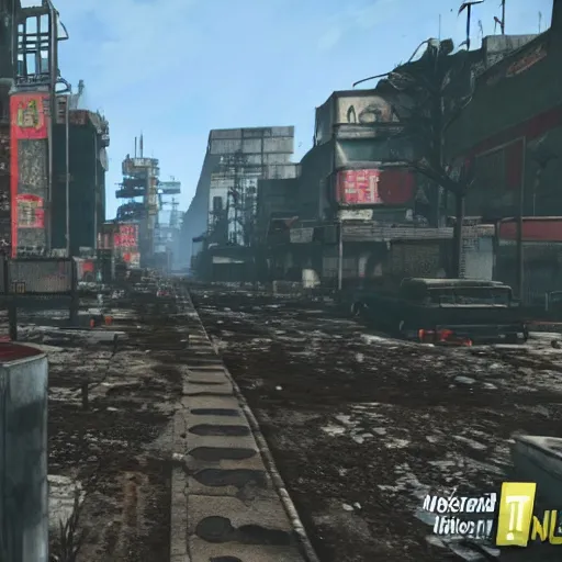 Image similar to Tokyo in ruins post-nuclear war in Fallout 4, in game screenshot