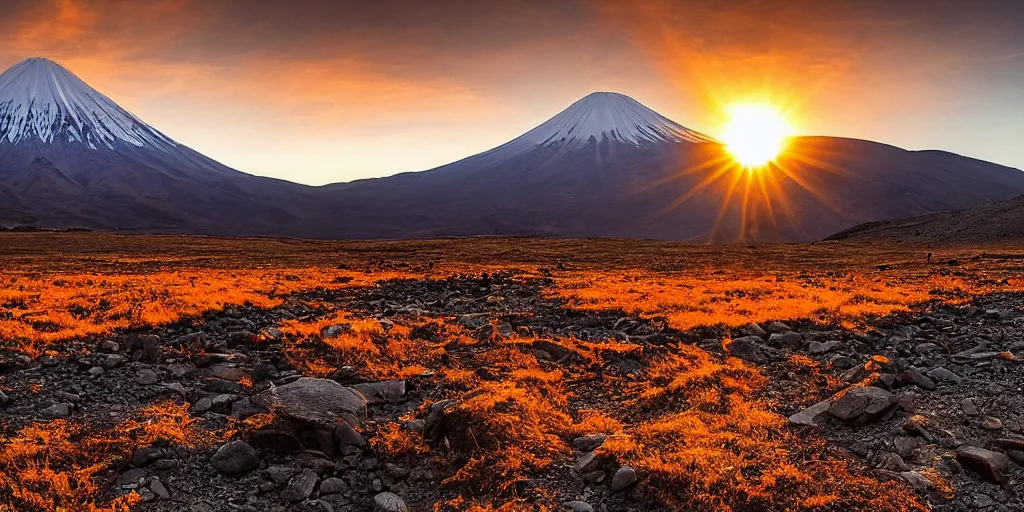 Prompt: damavand mountain in the morning with an orange sun in sky, national geography photo, professional photography