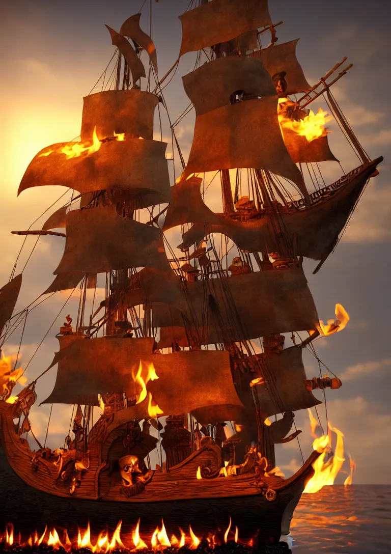 Prompt: Pirate ship with crew in a bottle, the bottle containing the pirate ship is on a mantlepiece over a fireplace with a fire. Photorealistic. Masterpiece.