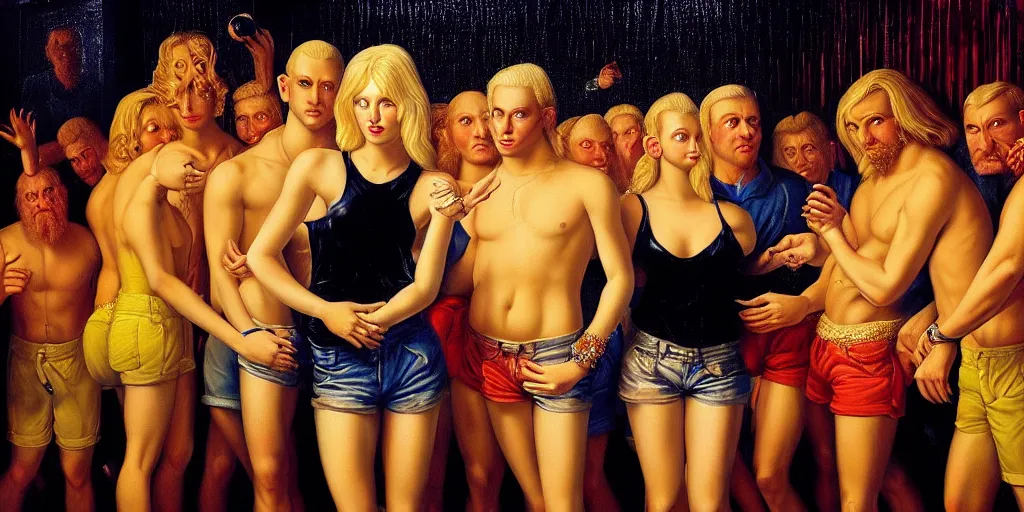 Prompt: a blonde lady surrounded by men in shorts in a nightclub, abstract oil painting by gottfried helnwein pablo amaringo raqib shaw zeiss lens sharp focus high contrast chiaroscuro gold complex intricate bejeweled