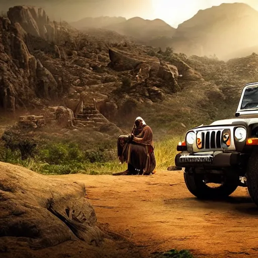 Prompt: Mahindra thar tribe members watching nearby an epic fantasy dramatic lighting cinematic establishing shot extremely high detail photorealistic