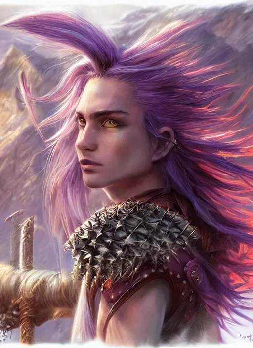 Image similar to human spiky hair, ultra detailed fantasy, dndbeyond, bright, colourful, realistic, dnd character portrait, full body, pathfinder, pinterest, art by ralph horsley, dnd, rpg, lotr game design fanart by concept art, behance hd, artstation, deviantart, hdr render in unreal engine 5