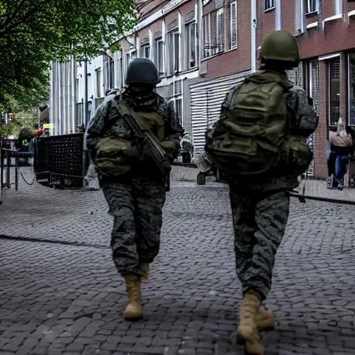 Prompt: documentary style photo of the military patrolling Eindhoven city during Lockdown, award winning photo