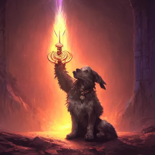 Image similar to Dog, Anthropomorphized, casting epic spell, magic the gathering artwork, D&D, fantasy, cinematic lighting, centered, symmetrical, highly detailed, digital painting, artstation, concept art, smooth, sharp focus, illustration, volumetric lighting, epic Composition, 8k, art by Akihiko Yoshida and Greg Rutkowski and Craig Mullins, heroic pose, oil painting, cgsociety, magic lab background