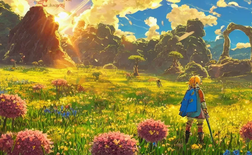 Image similar to fantastic anime sunny meadow with flowers, lone old Oak in the middle plane and mountains on the background, by Hayao Miyazaki, Nausicaa, Ghibli, Breath of the wild, Anime wallpaper