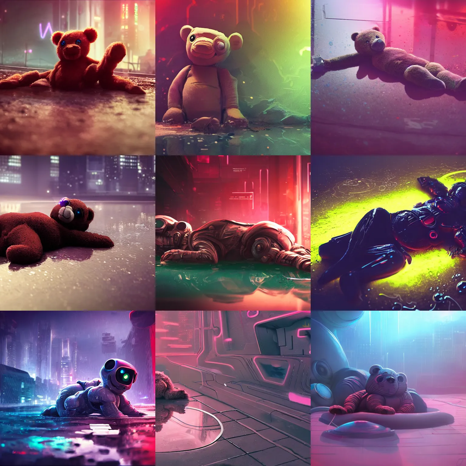 Prompt: photo of a teddy bair lying in a puddle on an alien cyberpunk neon planet, cinematic, atmospheric, 8k, trending on artstation