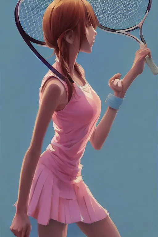 Image similar to a girl holding a tennis racket, full shot, intriguing outfit, fine - face, realistic shaded perfect body, fine details. night setting. very anime style. realistic shaded lighting poster by ilya kuvshinov katsuhiro, magali villeneuve, artgerm, jeremy lipkin and michael garmash, rob rey and kentaro miura style, trending on art station