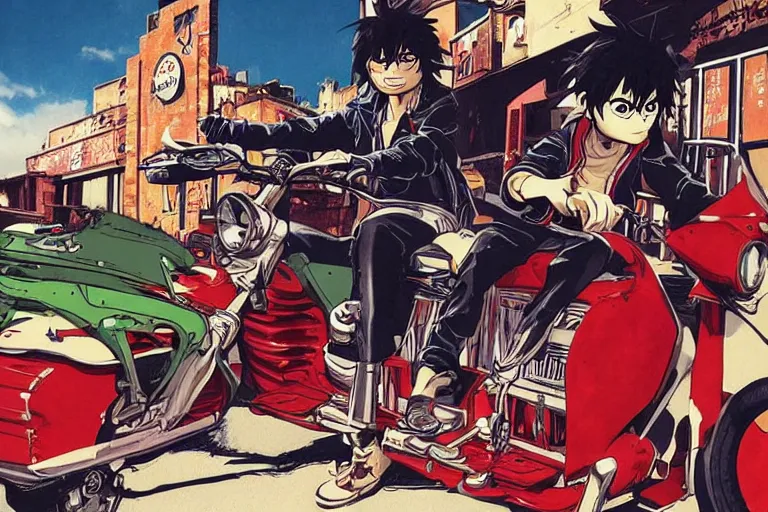 Image similar to pizza restaurant, akira's motorcycle, gorillaz, poster, high quality