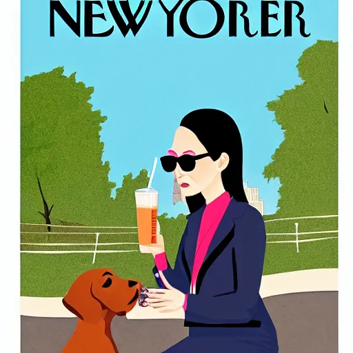 Prompt: illustrated cover art for new issue of the new yorker magazine, a woman in a blazer and sunglasses drinking iced coffee with her dog in central park, 4 : 3 0 pm, september weather