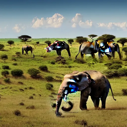 Prompt: a highly detailed panoramic photo of the serengeti. in the far background we see a small boy next to an elephant with an extremely long trunk. 8 k, super resolution