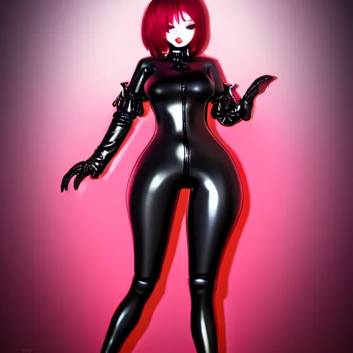Image similar to a feminine curvy pale young hot goth cutie wearing a tight elegant elaborate black-red-gold-silver latex-nylon-leather outfit, dreamy eyes, cgsociety, photorealistic, sublime-hyperadvanced-seductive ambience, 16k, smooth, sharp focus, trending on ArtStation, volumetric lighting, thin waist, fully clothed