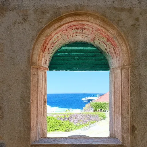 Image similar to a mullioned window through which you can see the sea